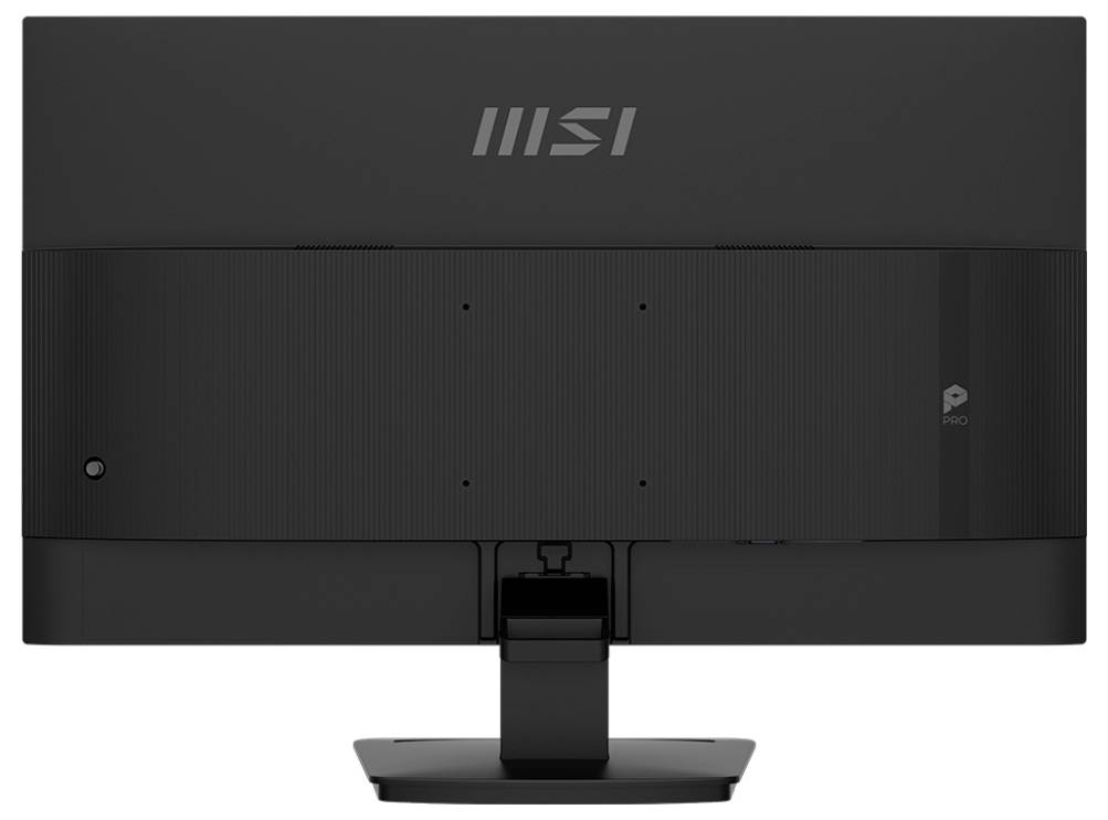 Ein schwarzer Computermonitor von hinten betrachtet, mit einem zentralen Ständer und dem Logo eines Technologieunternehmens in der Nähe der oberen Kante.