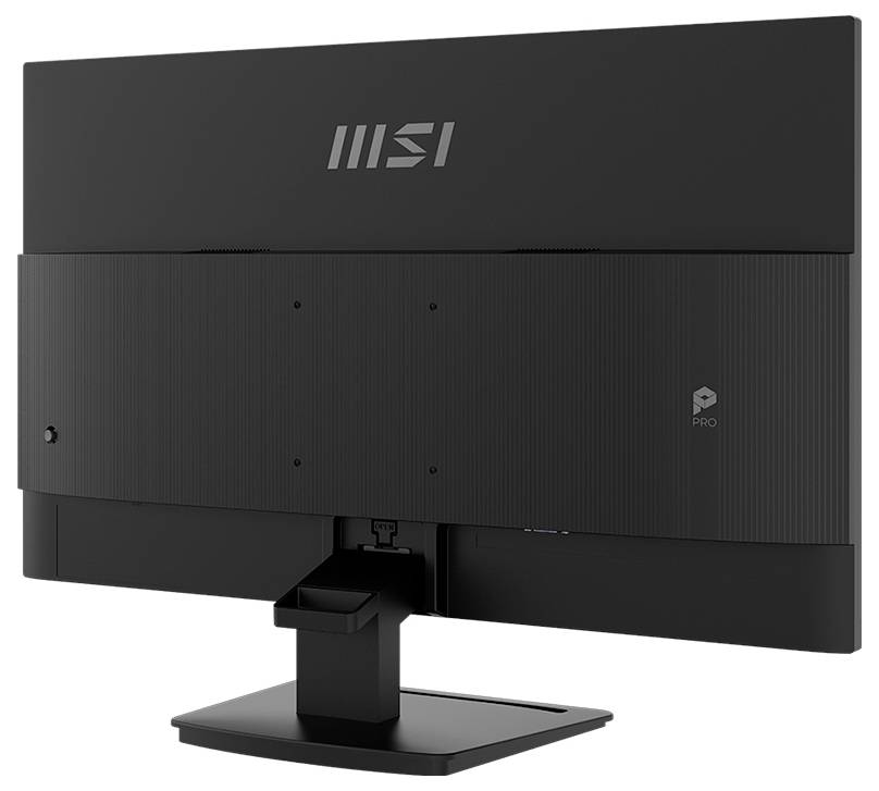 Ein schwarzer MSI-Monitor von hinten betrachtet, mit einem Pro-Series-Logo und einem verstellbaren Ständer, was auf ein elegantes und modernes Design hinweist.
