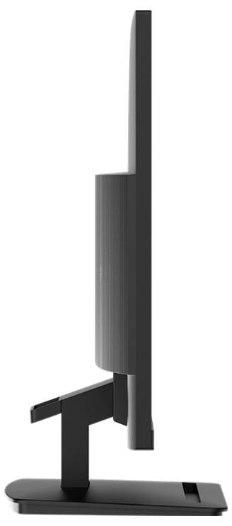 Ein schlanker, schwarzer Computermonitor von der Seite betrachtet, der ein minimalistisches Design mit dünnen Rahmen und einer stabilen Basis zeigt.
