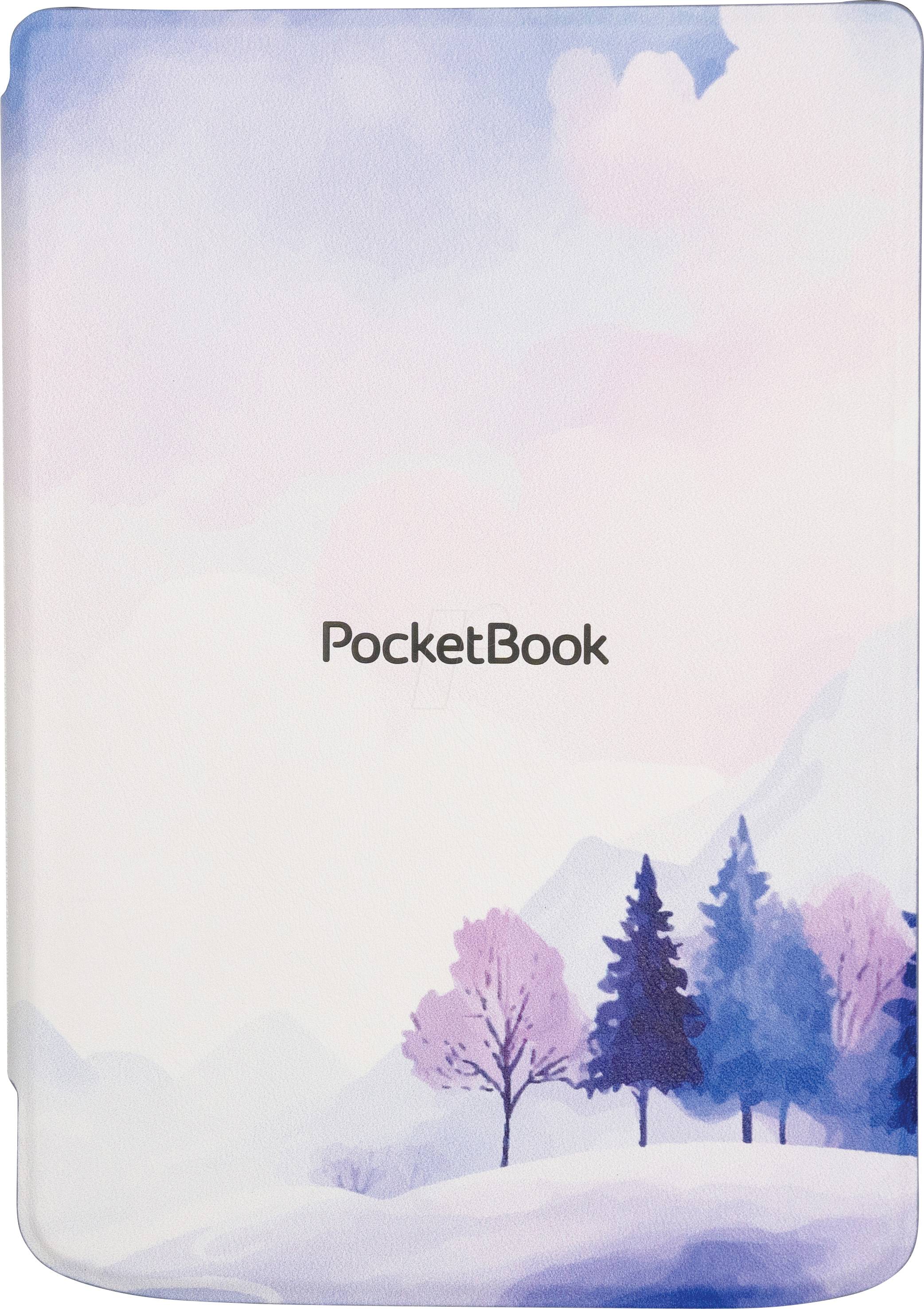 E-Reader-Hülle mit einer pastellfarbenen Winterszene, die schneebedeckte Hügel, Bäume und sanfte rosa und violette Wolken zeigt. Der Text lautet „PocketBook