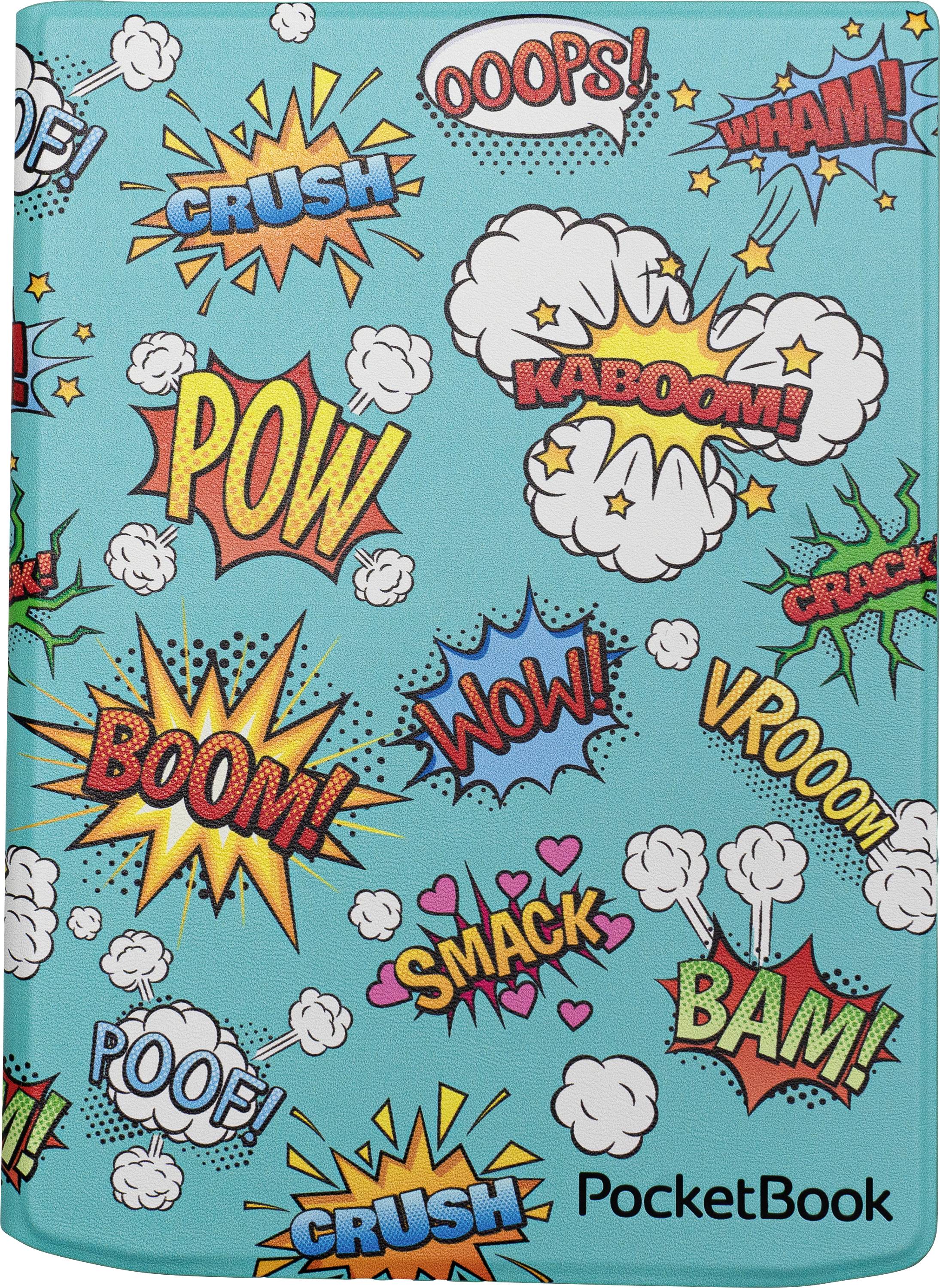 Ein farbenfroher Buchcover mit Comic-Style-Actionwörtern wie 'POW!', 'KABOOM!' und 'WHAM!' auf einem blauen Hintergrund, der einem Comic-Strip ähnelt.