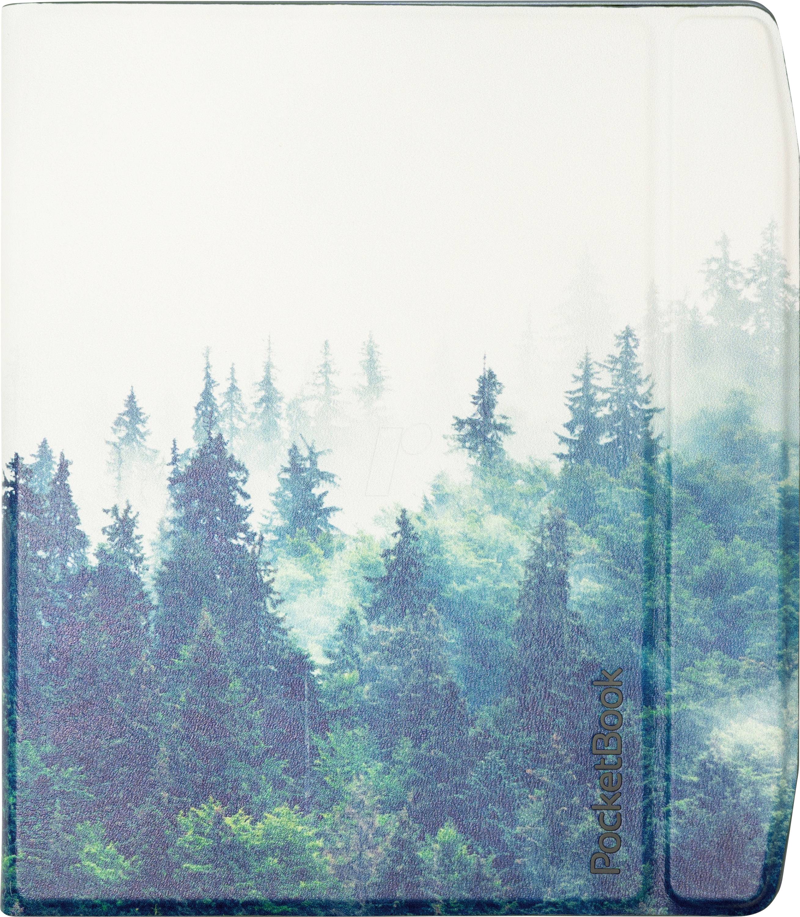 Nebelbedeckte Illustration eines Nadelwalds auf einem Buchcover mit der Bezeichnung „PocketBook