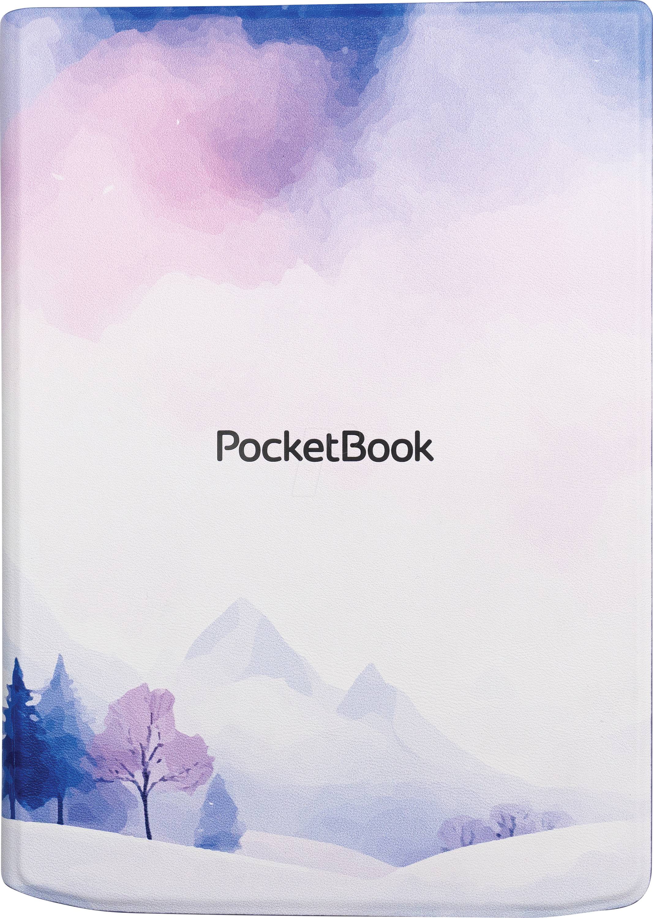 PocketBook E-Reader mit einem zartem Aquarell-Design von Bergen und Bäumen auf dem Cover.