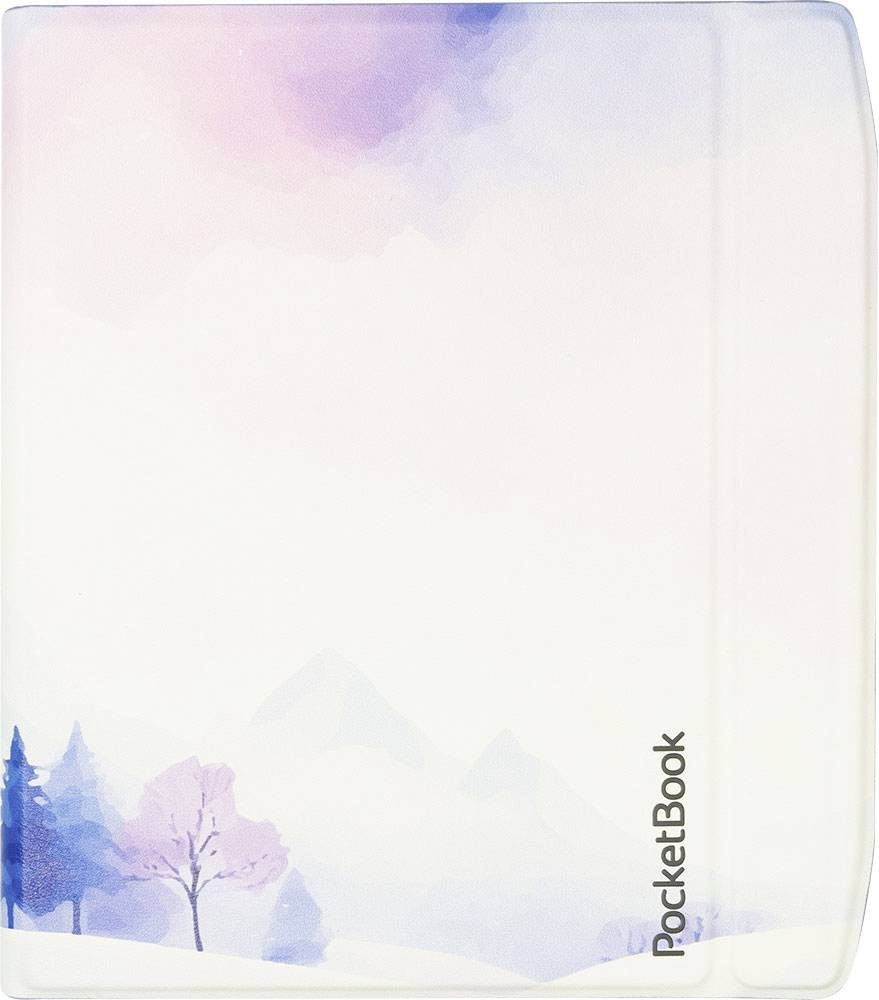 Ein E-Reader-Schutzhülle mit zartem Aquarell-Design, das eine neblige Landschaft mit Bäumen und Bergen darstellt. Das Wort „PocketBook