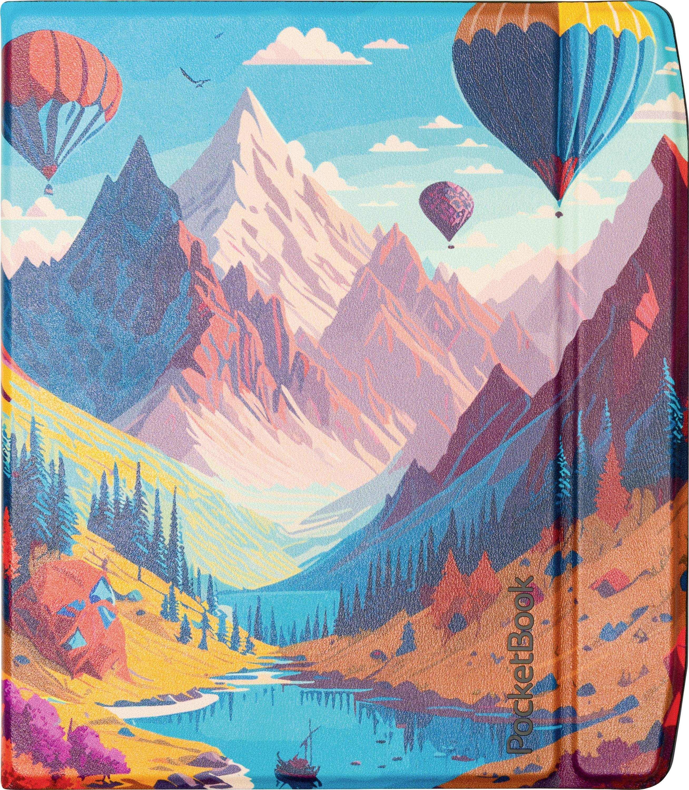 Eine lebendige Landschaft mit Heißluftballons, die über ein Bergtal schweben, mit einem Fluss und farbenfroher, abstrakter Szenerie.