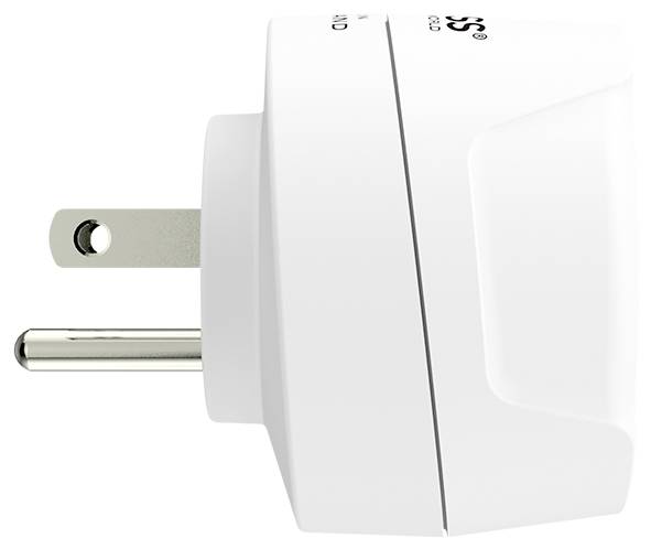 Eine Nahaufnahme einer Seitenansicht eines weißen Steckeradapters mit zweipoliger Ausführung.