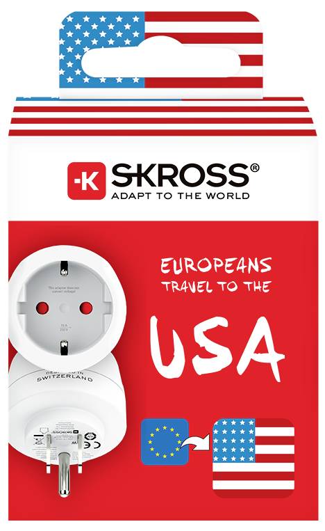 Eine rote Verpackung für einen Reiseadapter mit der Aufschrift „Europäer reisen in die USA