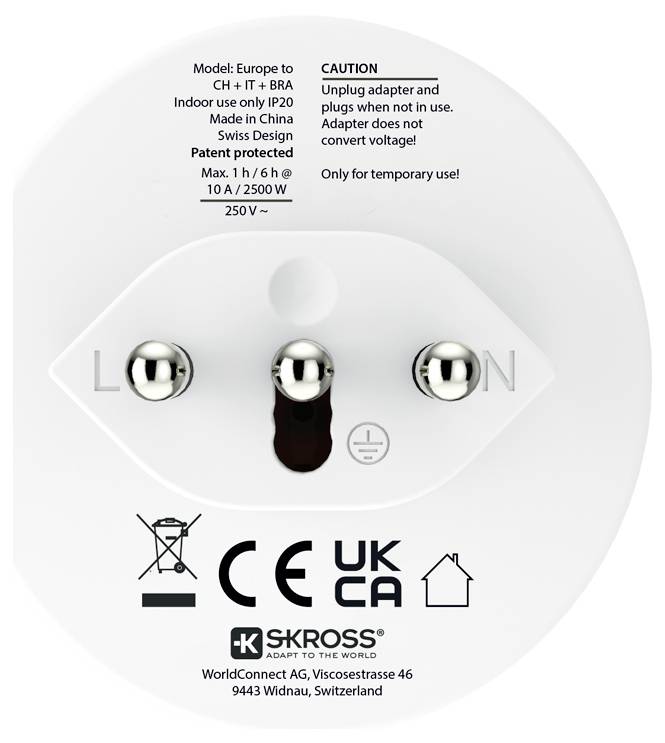 „Europäischer Steckdosenadapter mit Warnhinweis: Nach Gebrauch ausstecken, konvertiert keine Spannung. Max. 250V, nur für Innengebrauch.