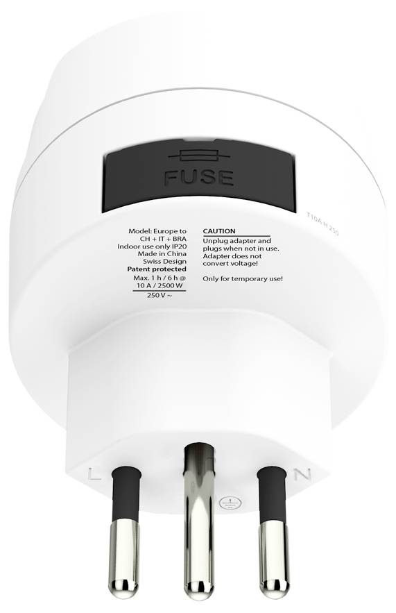 'Weißer dreipoliger Stecker mit einer Aufschrift „Sicherung