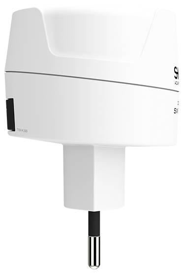 Eine Nahaufnahme eines weißen, modernen Wandsteckers mit europäischem Zwei-Stift-Design. Es hat ein elegantes, minimalistisches Aussehen.