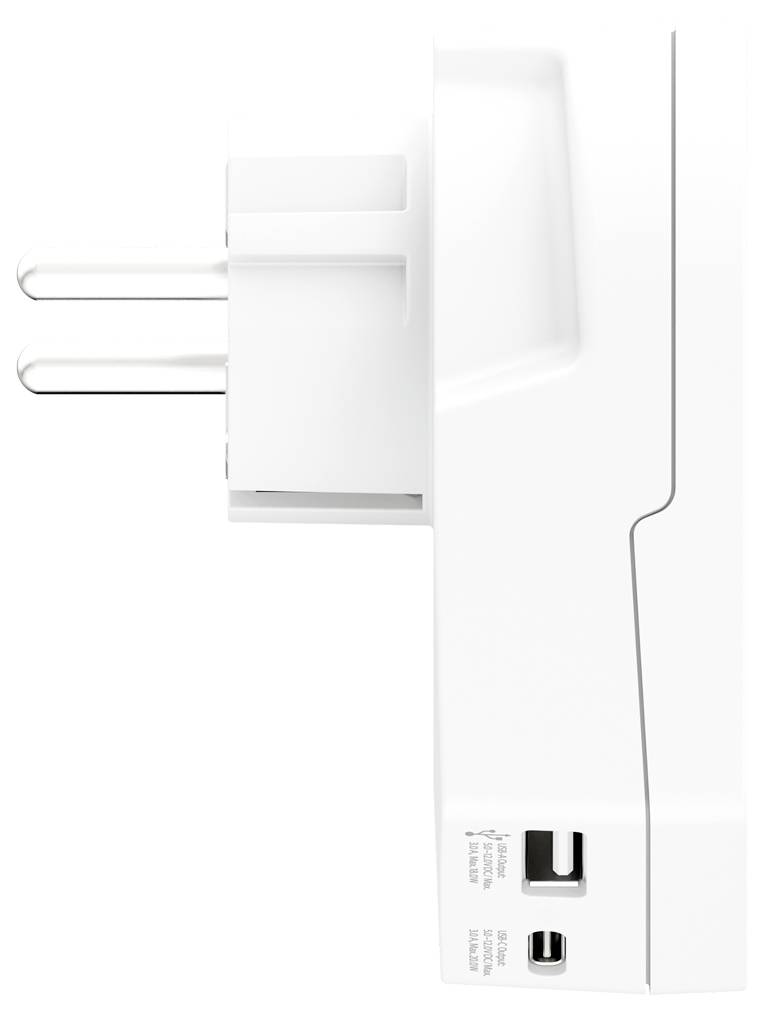 Ein weißer intelligenter Stecker mit zwei Stiften und USB-Anschlüssen, von der Seite betrachtet, geeignet für Hausautomation und Energiemanagementsoftware.