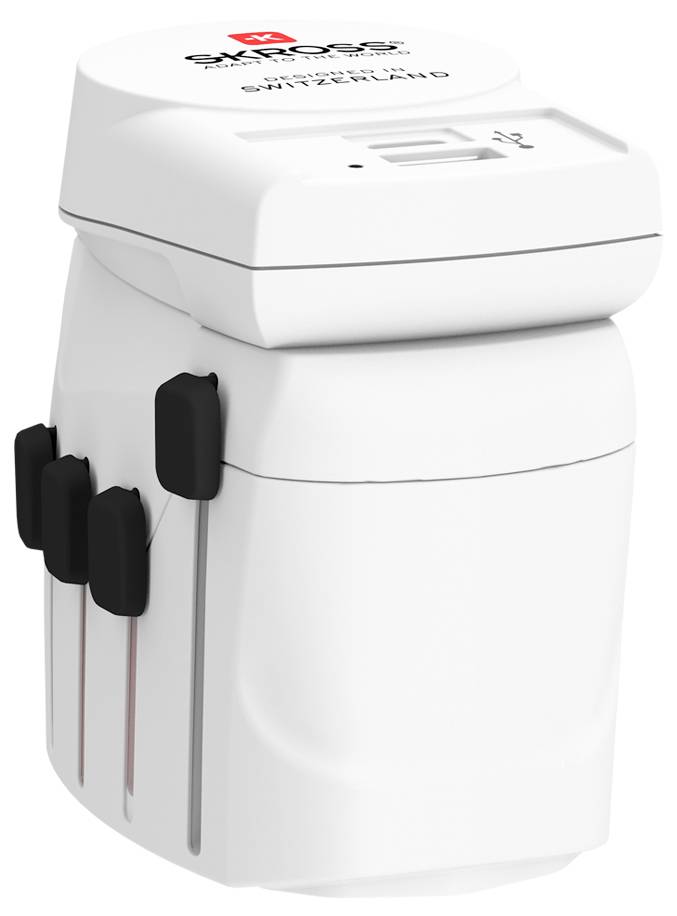 Weißer Bleistiftspitzer mit Logo oben und drei Seitenlöchern für verschiedene Bleistiftgrößen.