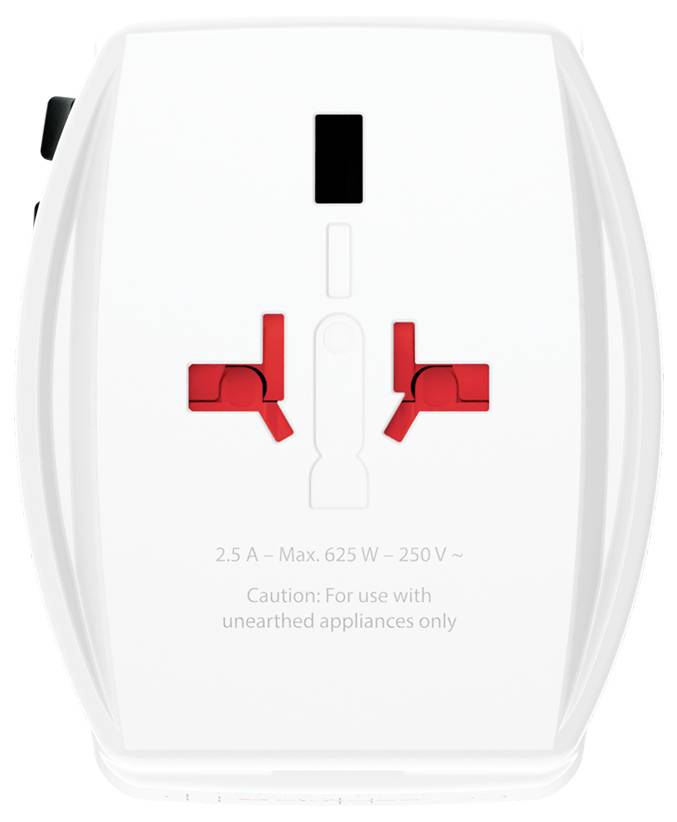 Ein weißer Stromadapter mit der Kennzeichnung „2,5 A – Max. 625 W – 250 V ~