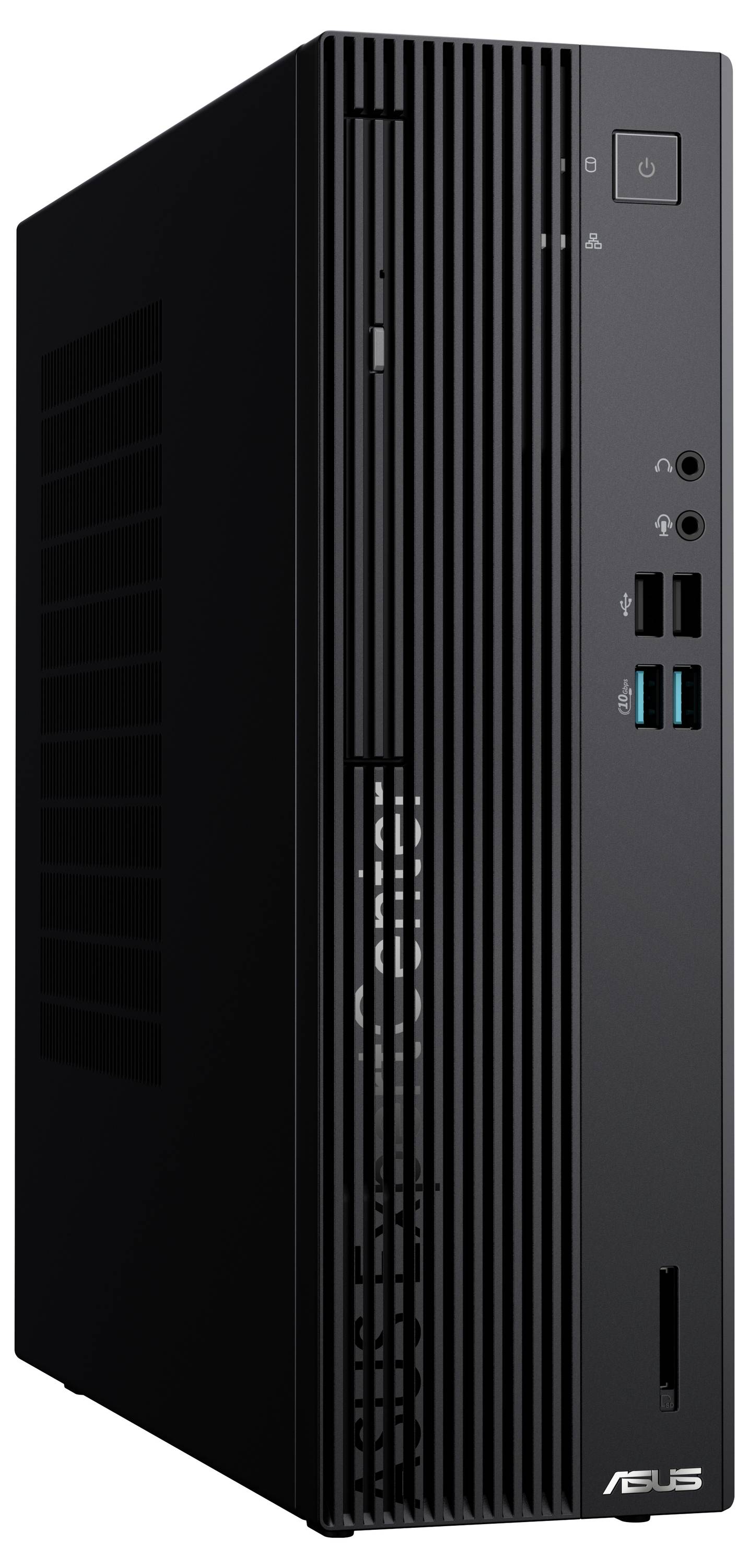 Ein schwarzer Desktop-Computer-Tower mit vertikalen Lüftungsschlitzen auf der Frontblende, ausgestattet mit Powerknopf, USB-Anschlüssen und 