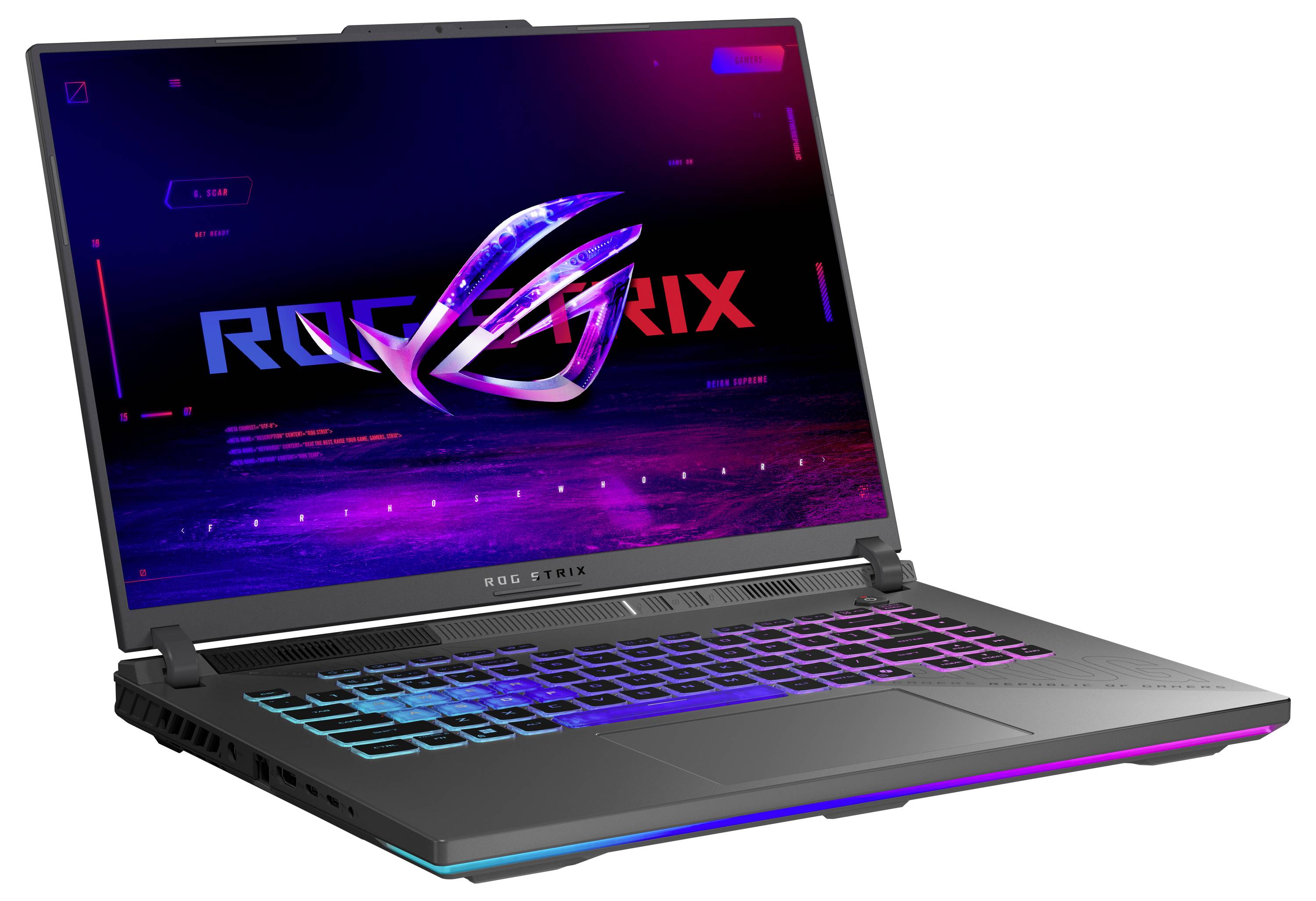 Ein Gaming-Laptop mit einer farbenfrohen RGB-Tastatur und einem lebendigen Bildschirm, auf dem das Logo „ROG STRIX