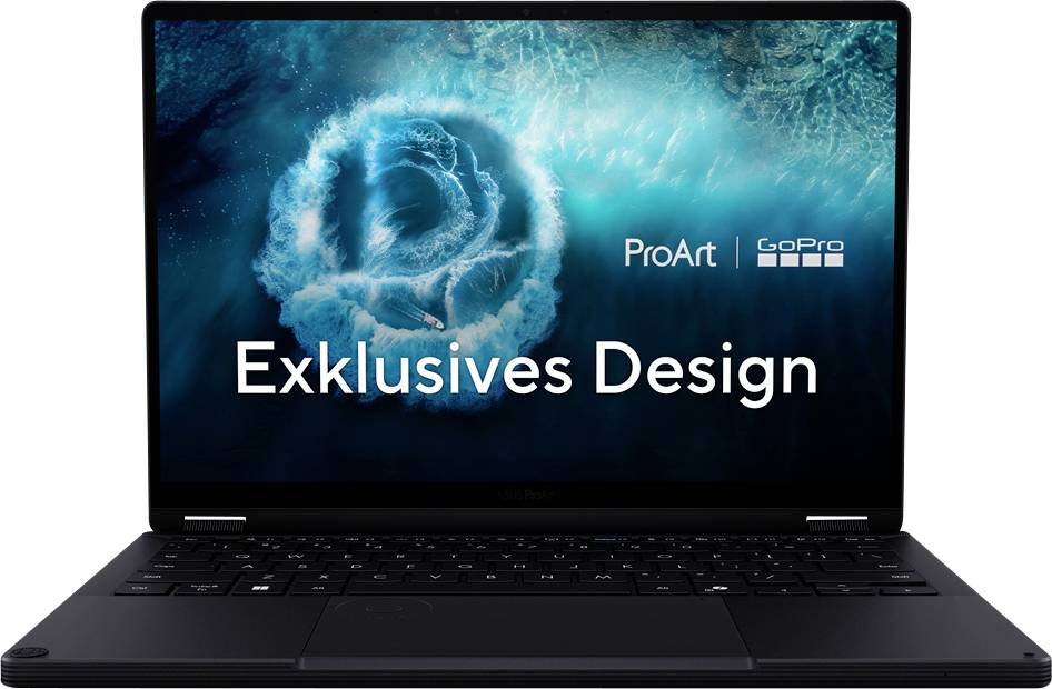 Ein Laptop zeigt einen blauen, aquatisch gestalteten Bildschirm mit einem 