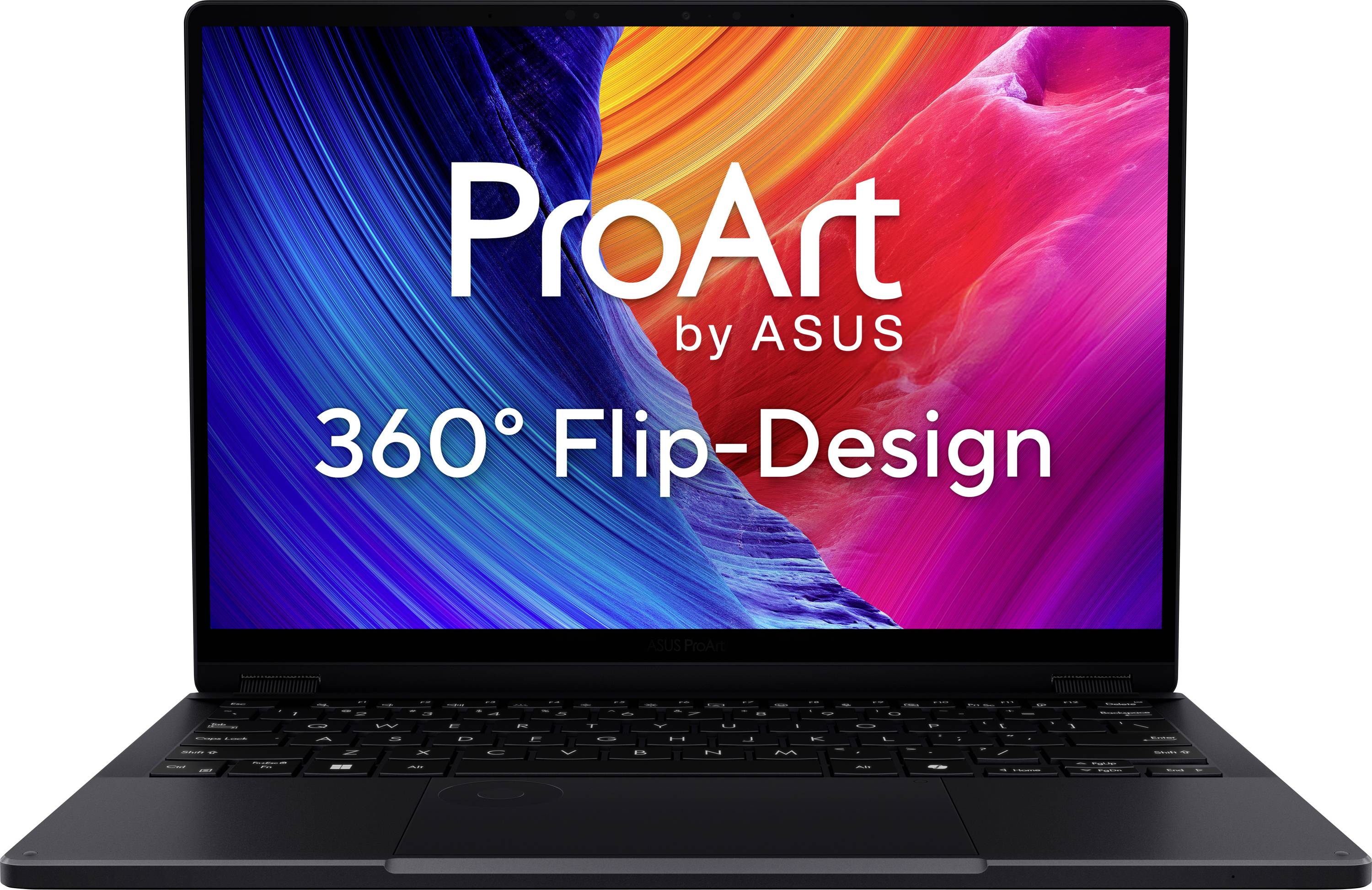 ASUS ProArt Laptop mit 360°-Flip-Design auf lebendigem mehrfarbigem Hintergrund.