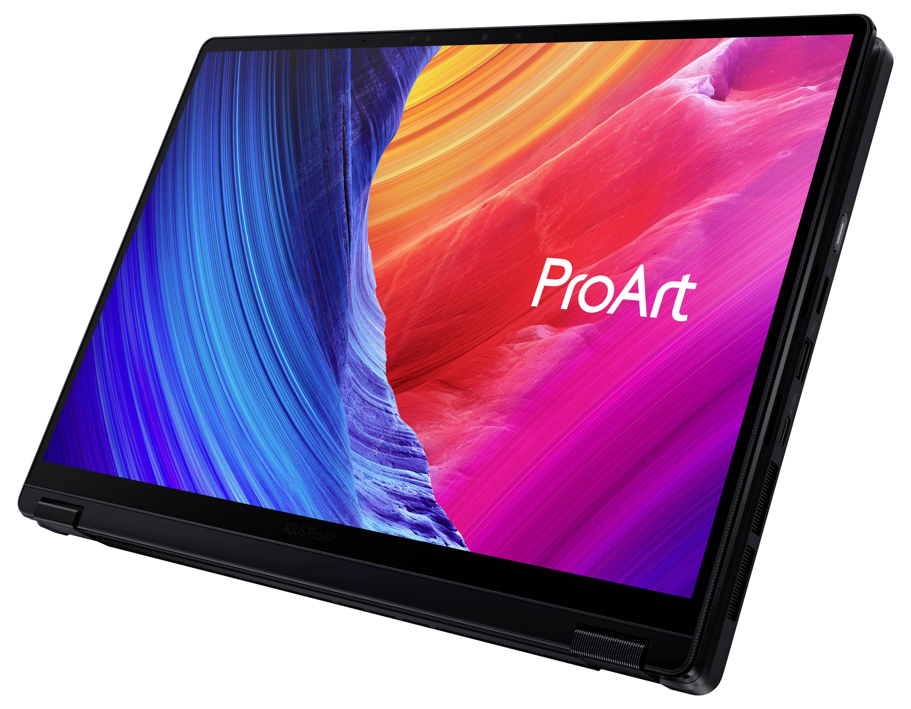 Ein Laptop mit einem lebendigen, farbenfrohen Display, das blaue und rosa abstrakte Wellen zeigt. Der Bildschirm zeigt das Wort „ProArt