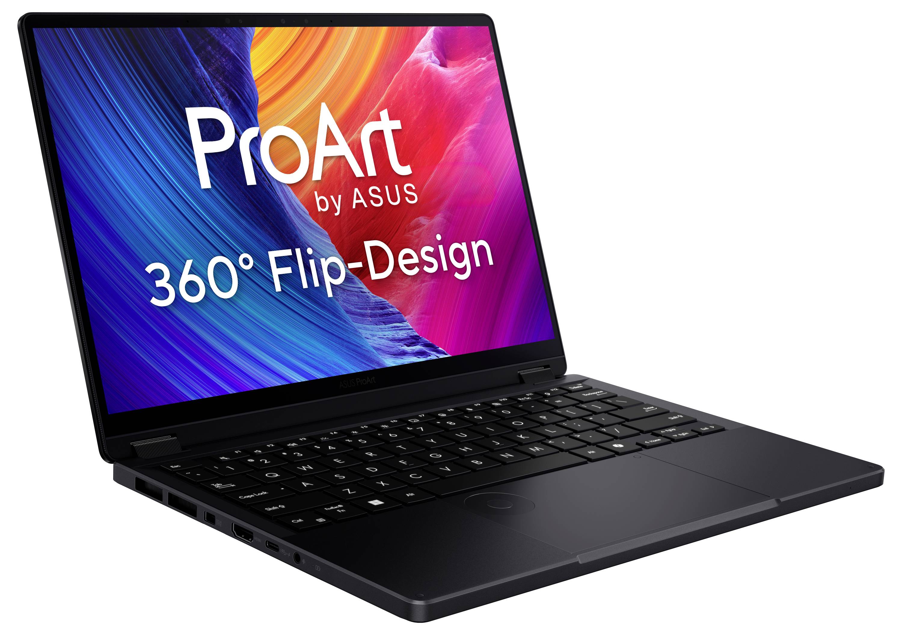 Laptop mit farbenfrohem Bildschirm, auf dem „ProArt by ASUS 360° Flip-Design