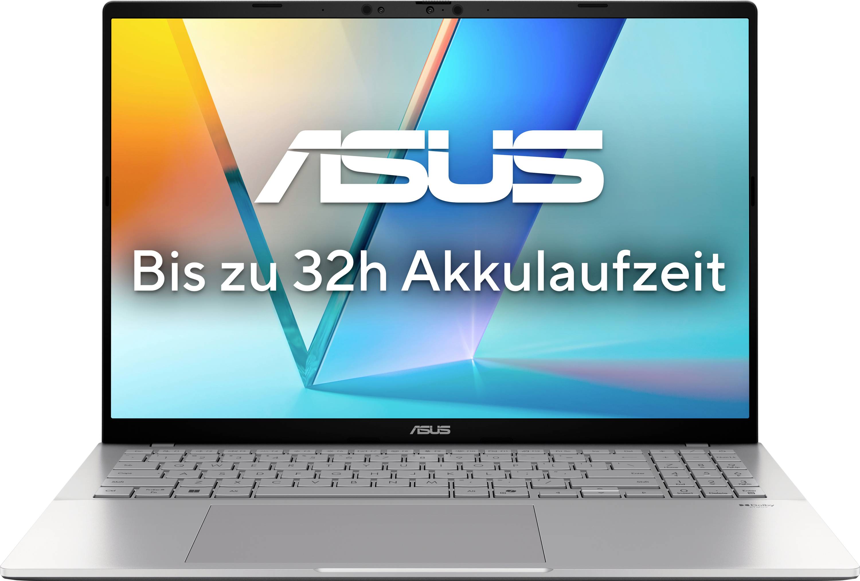 Ein silberner Laptop mit einem Bildschirm, der das ASUS-Logo und den Text 'Bis zu 32h Akkulaufzeit' anzeigt.