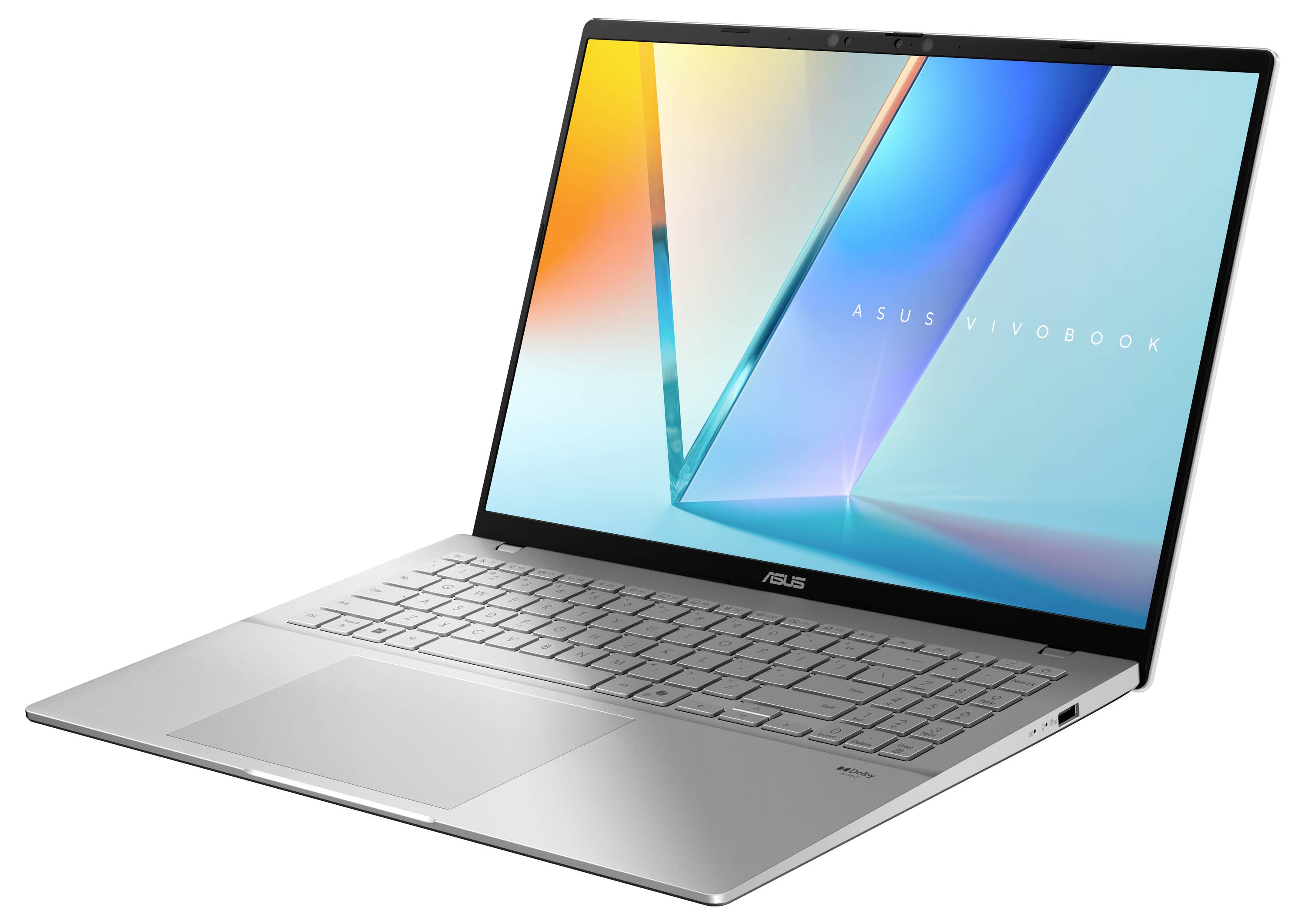 Silbernes ASUS VivoBook Laptop offen, zeigt einen bunten abstrakten Hintergrund auf dem Bildschirm.
