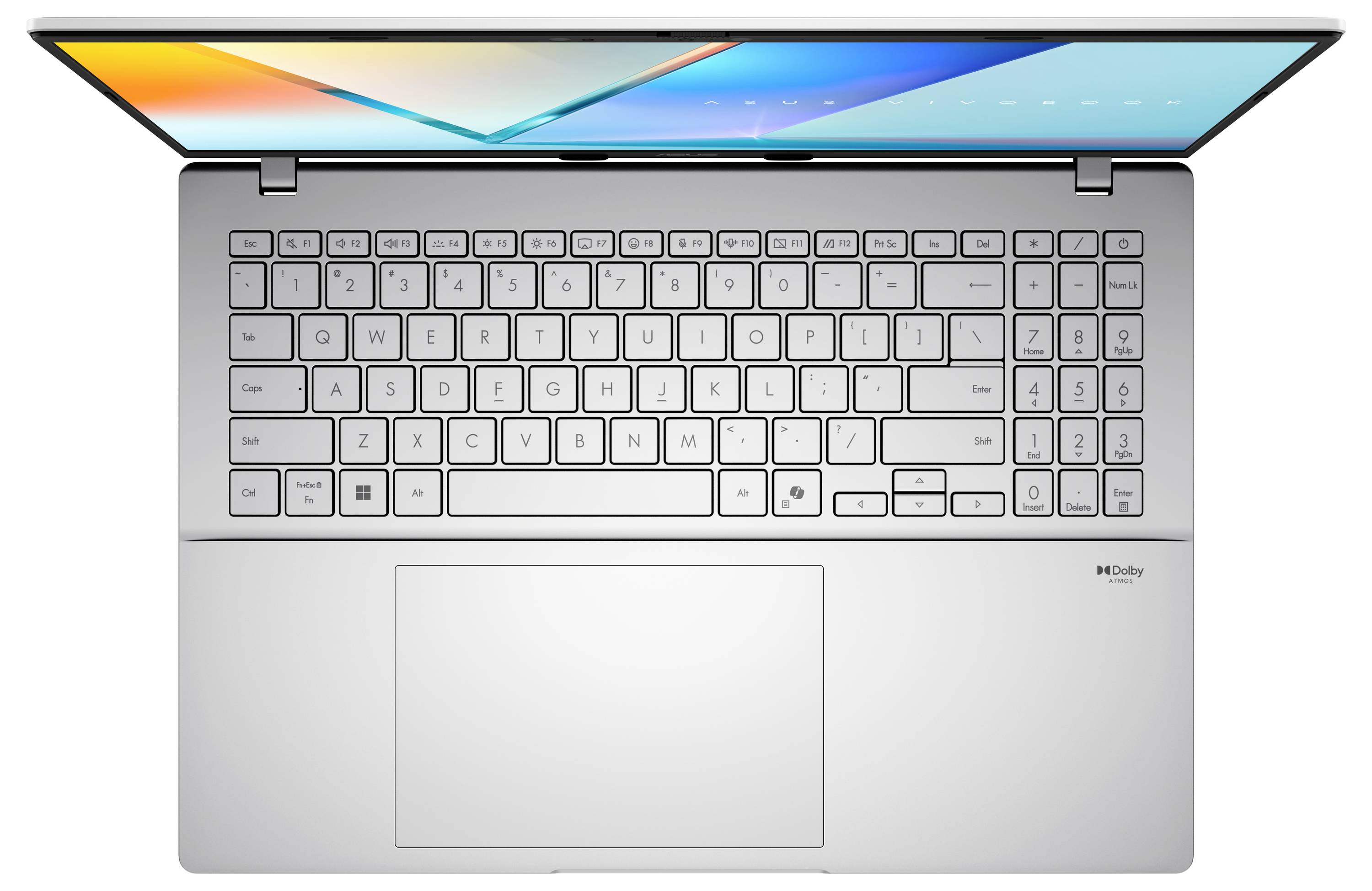 Ein silberner Laptop mit vollständiger QWERTY-Tastatur und großem Touchpad. Der Bildschirm zeigt ein farbenfröhliches Muster mit Blau-, Grün- und Orangetönen.