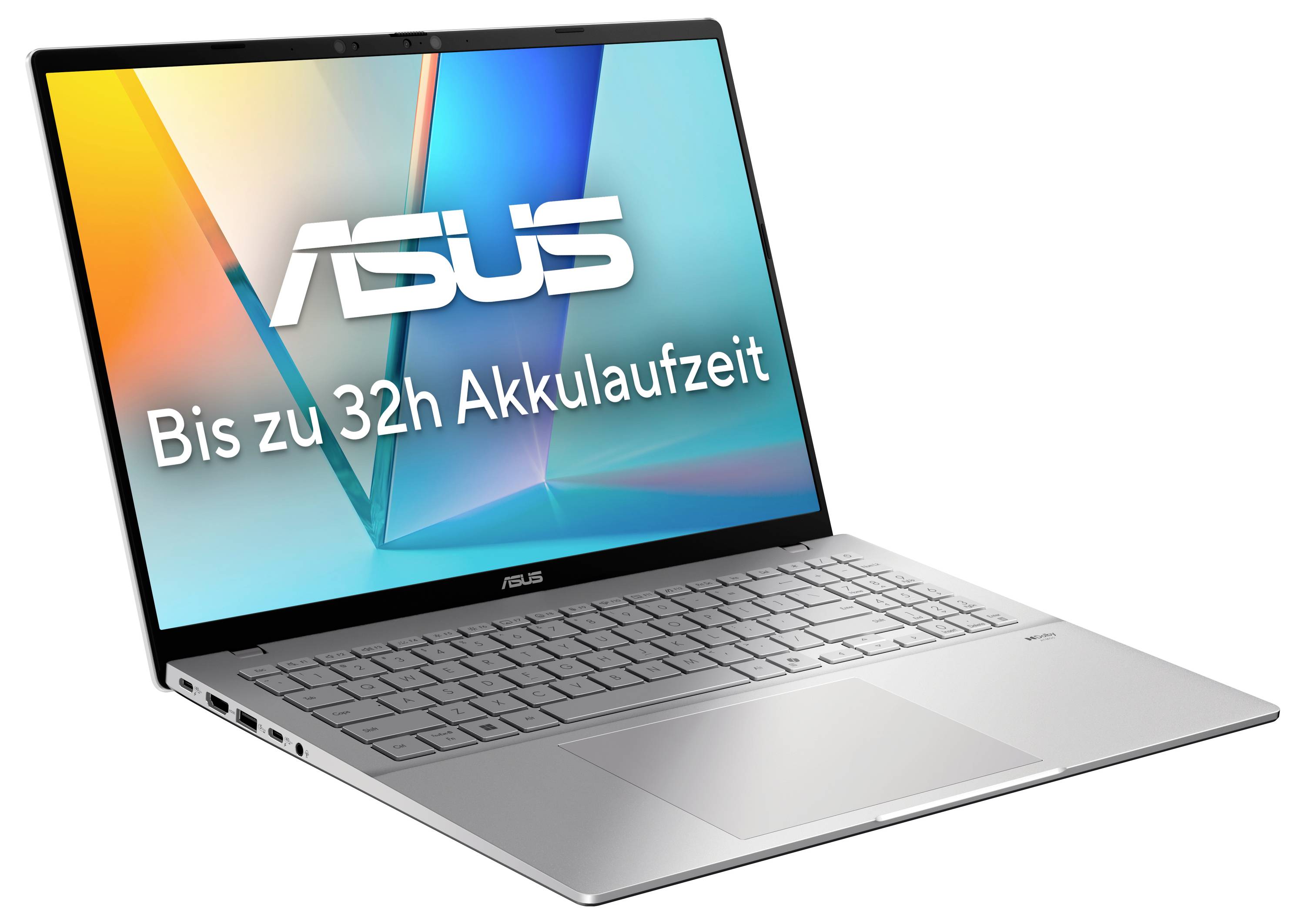 Ein silberner Laptop mit geöffneter Anzeige zeigt den Schriftzug 'Bis zu 32h Akkulaufzeit'. Im Hintergrund das ASUS-Logo.