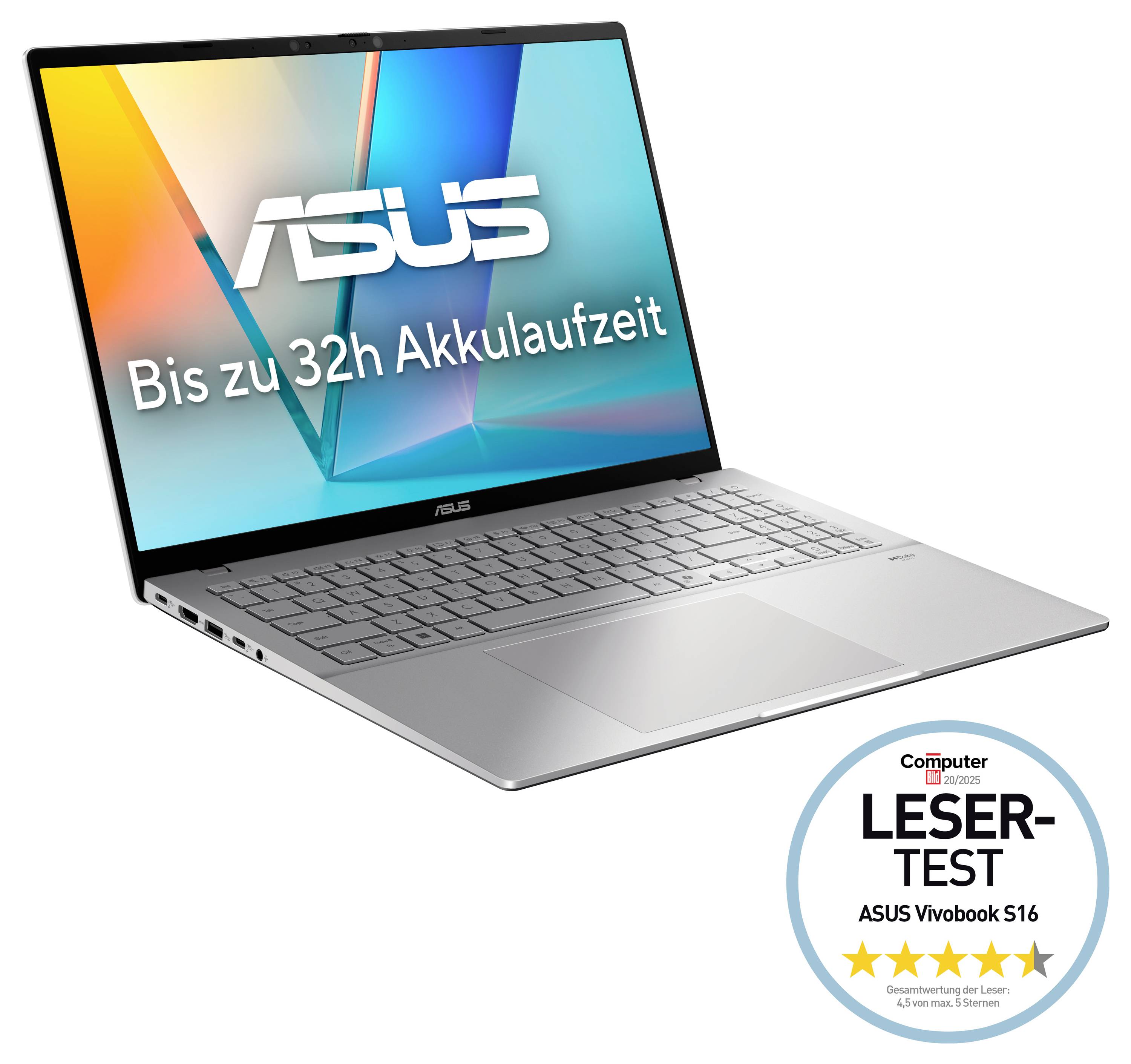 Ein silbernes ASUS-Laptop mit der Aufschrift 'Bis zu 32h Akkulaufzeit'. Daneben ein Logo: 'Lesertest. ASUS Vivobook S16', mit 5 gelben Sternen.