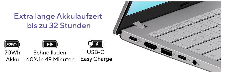 Ein Laptop wird gezeigt mit Hinweis auf 'Extra lange Akkulaufzeit bis zu 32 Stunden'. Symbole für 70Wh Akku, 60% Ladung in 49 Minuten, USB-C Schnellladung.