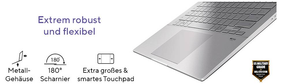 Ein Laptop mit Metallgehäuse wird gezeigt. Text: 'Extrem robust und flexibel'. Merkmale: 180° Scharnier, großes Touchpad.