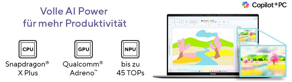 Ein Laptop mit der Aufschrift 'Volle AI Power für mehr Produktivität' zeigt eine farbenfrohe Grafik. Symbole für CPU, GPU, NPU.