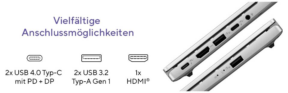'Vielfältige Anschlussmöglichkeiten': Zwei USB 4.0 Typ-C mit PD + DP, zwei USB 3.2 Typ-A Gen 1, ein HDMI-Anschluss.