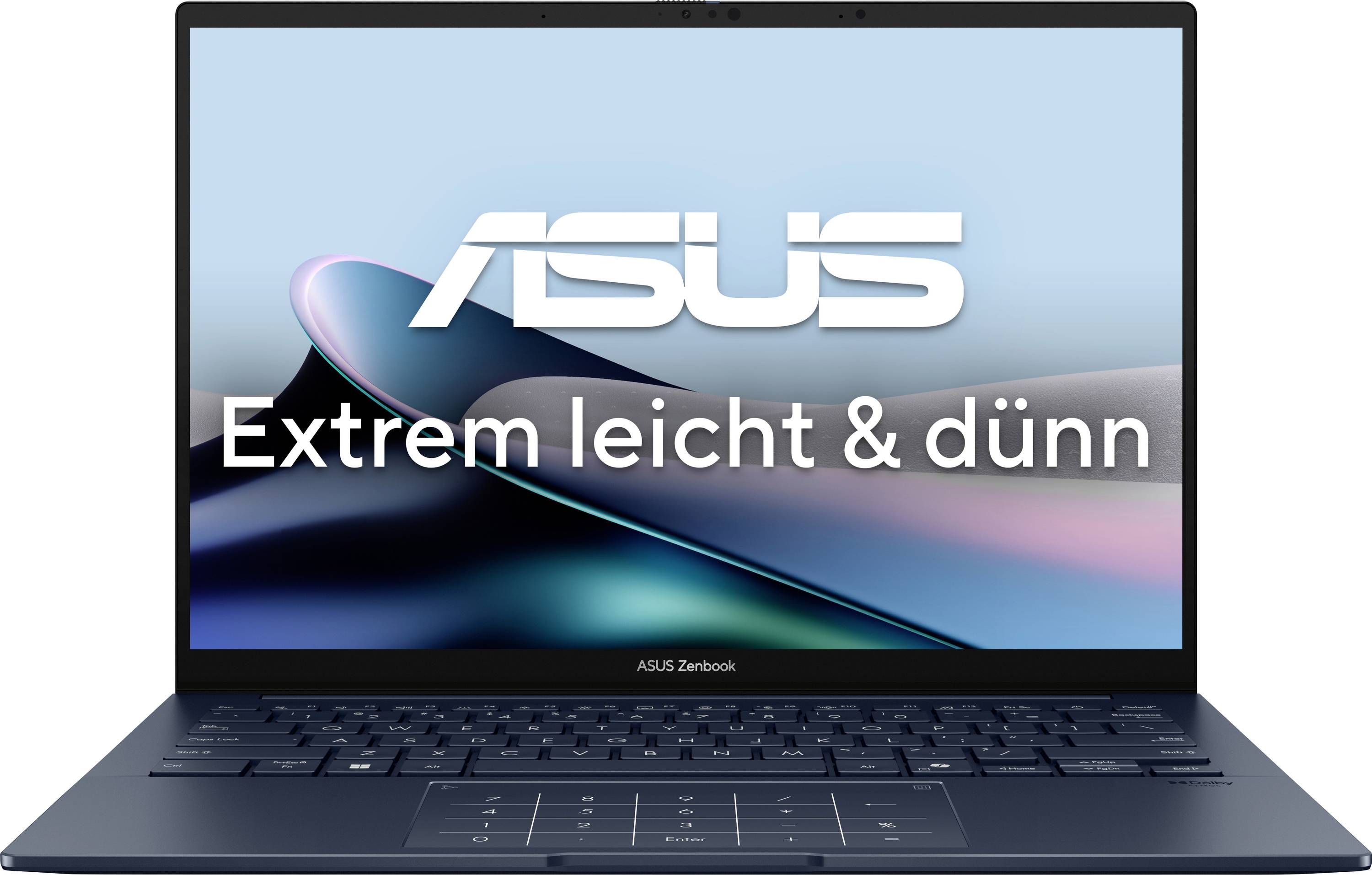 Ein ASUS Zenbook-Laptop mit der Aufschrift 'Extrem leicht & dünn' auf dem Bildschirm.