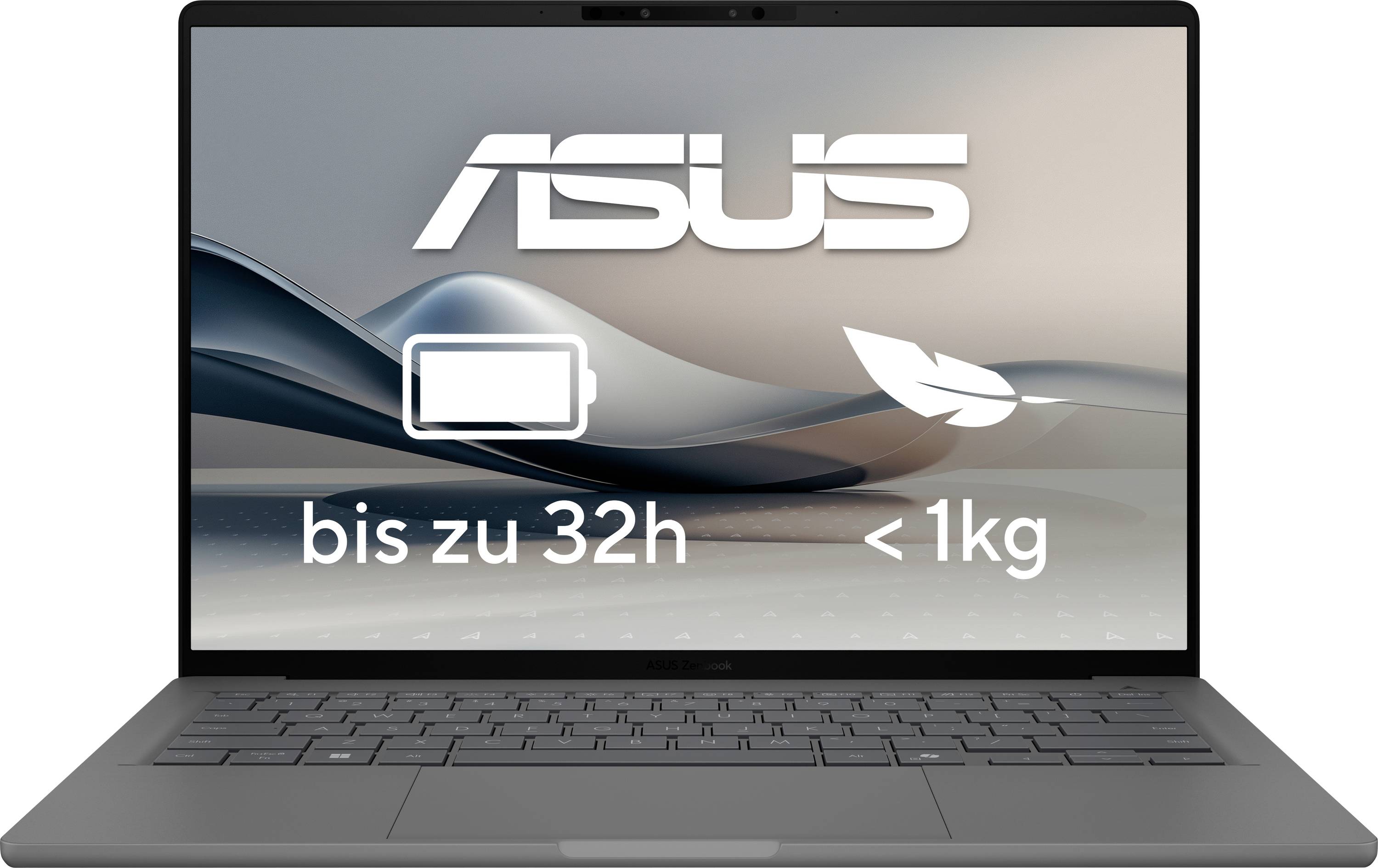 Laptop mit ASUS-Logo, beworben mit einer Batterielaufzeit von bis zu 32 Stunden und einem Gewicht von weniger als 1 kg.
