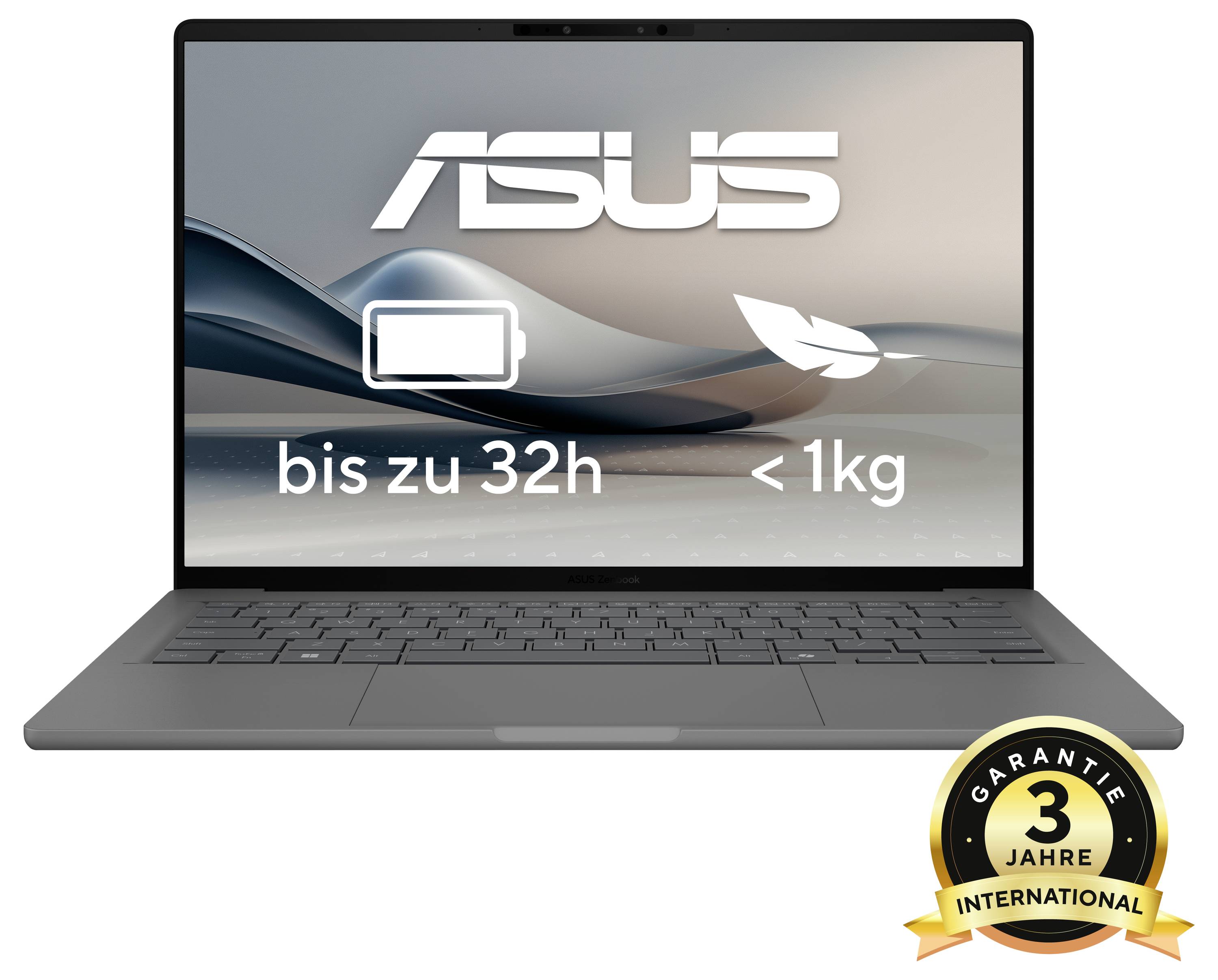 Ein ASUS-Laptop mit Bildschirmgrafik: 'bis zu 32h' Akkulaufzeit, Gewicht unter 1 kg. Rechteckiger Aufkleber '3 Jahre Garantie International'.