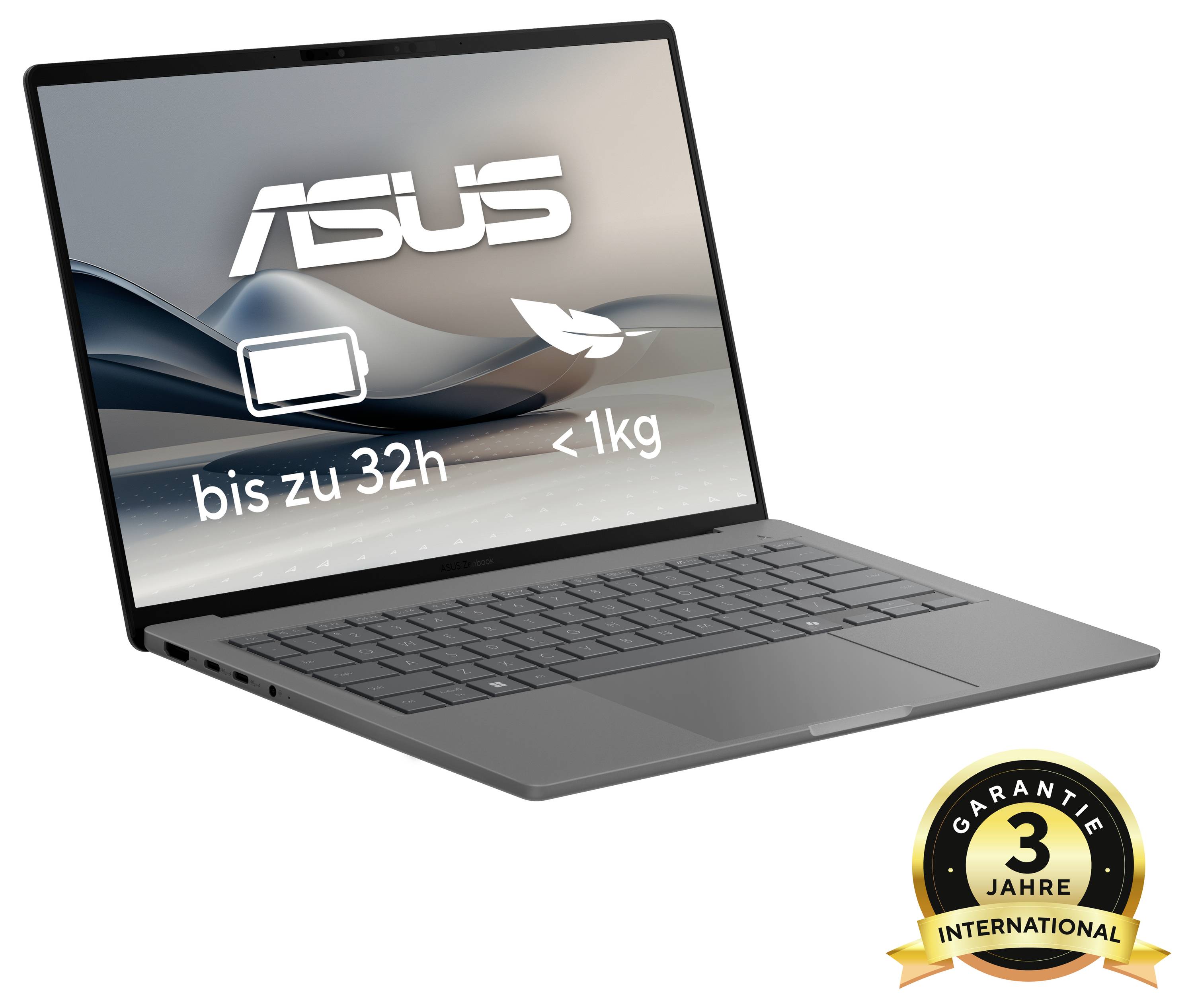 Ein ASUS-Laptop mit bis zu 32 Stunden Akkulaufzeit und einem Gewicht von unter 1 kg. Ein Symbol zeigt '3 Jahre internationale Garantie'.