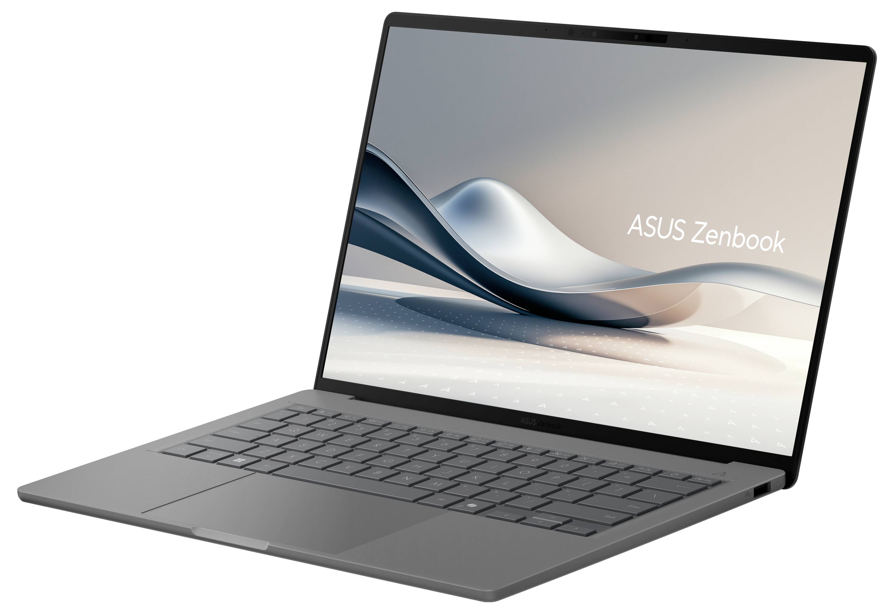 Ein schlanker ASUS Zenbook-Laptop mit einem Display mit dünnen Rändern, das ein modernes Gradient-Hintergrundbild und den Text „ASUS Zenbook