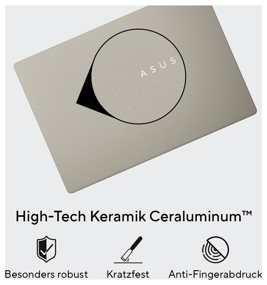 Ein Laptop aus High-Tech-Keramik Ceraluminum™ ist diagonal auf einem Tisch positioniert. Text darunter: 'Besonders robust, Kratzfest, Anti-Fingerabdruck'.