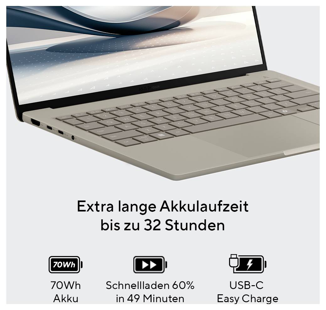 Laptop mit geöffentem Bildschirm, Text: 'Extra lange Akkulaufzeit bis zu 32 Stunden', Symbole für 70Wh Akku, Schnellladen, USB-C.