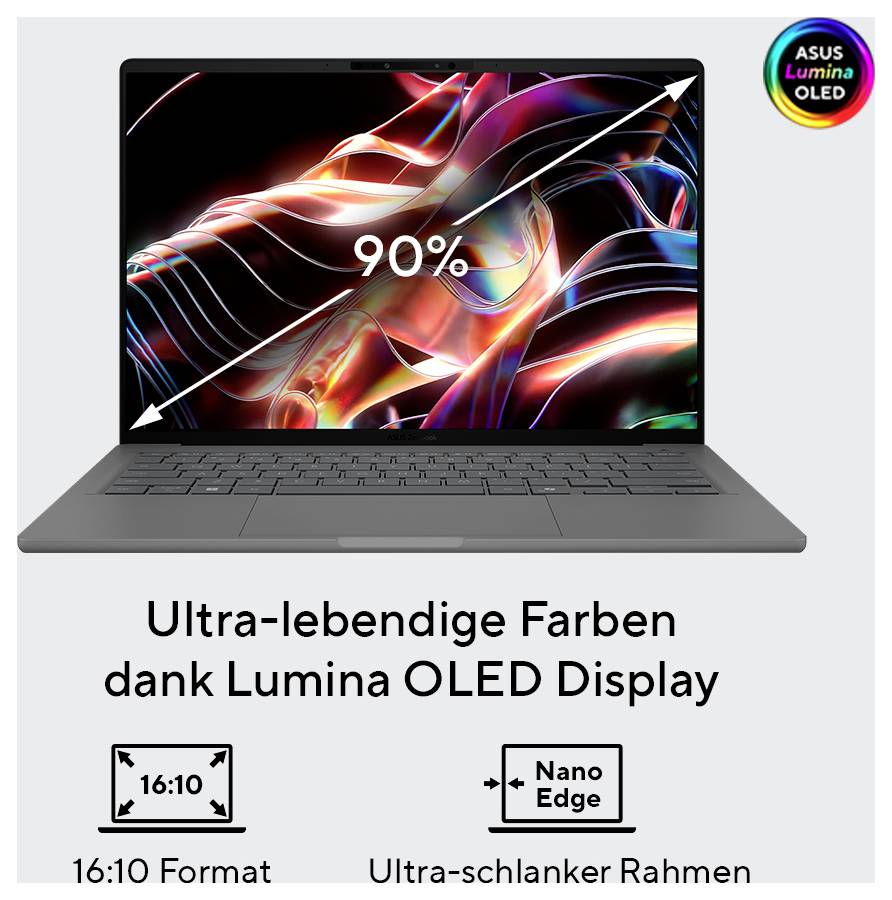 Laptop mit Lumina OLED Display zeigt bunte grafische Muster. Text: 'Ultra-lebendige Farben', '16:10 Format', 'Ultra-schlanker Rahmen'.