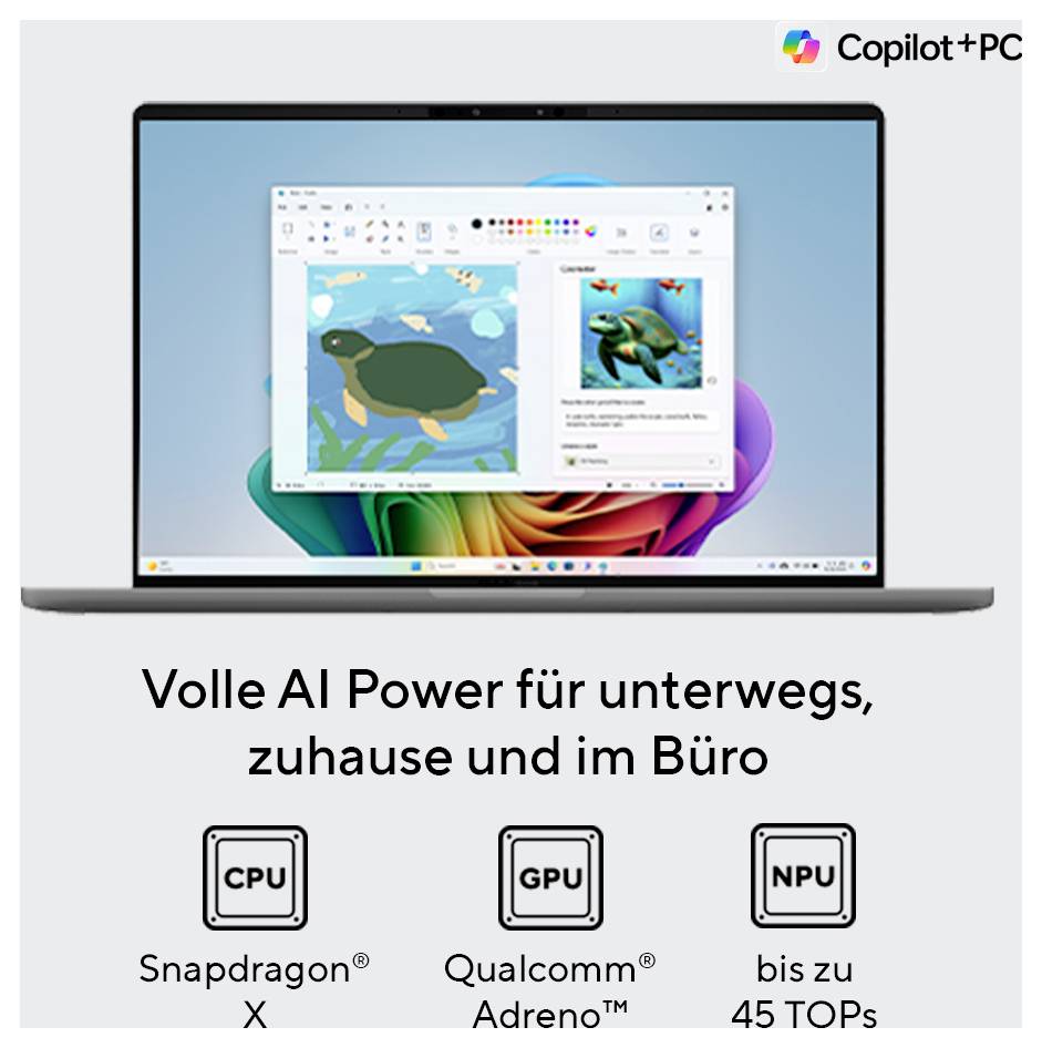 Ein Laptop zeigt eine Illustration und Text. Text darunter: 'Volle AI Power für unterwegs, zuhause und im Büro'. Symbole für CPU, GPU und NPU.