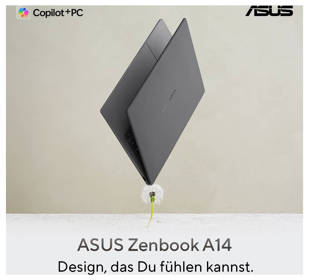 Ein schwarzes ASUS Zenbook A14 Laptop schwebt über einer Pusteblume, darauf steht: 'Design, das Du fühlen kannst.' Markenlogos oben.