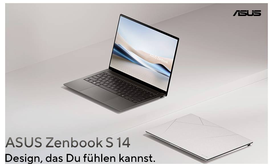 ASUS Zenbook S 14 Laptop mit geöffneter Bildschirmansicht und geschlossenem Deckel. Text: 'Design, das Du fühlen kannst.'
