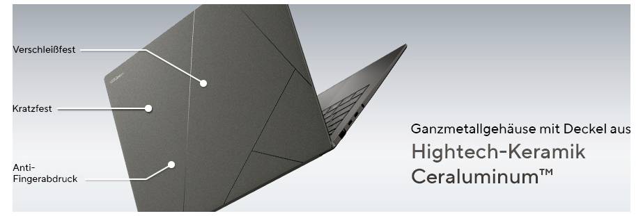 Ein Laptop mit geöffnetem Deckel. Beschreibungen: 'Verschleißfest', 'Kratzfest', 'Anti-Fingerabdruck'. Material: Hightech-Keramik Ceraluminum™.