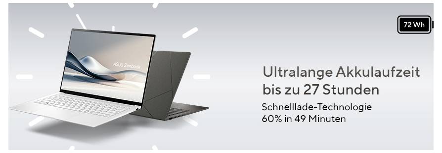 Zwei Laptops nebeneinander mit Text: 'Ultralange Akkulaufzeit bis zu 27 Stunden. Schnelllade-Technologie 60% in 49 Minuten'.