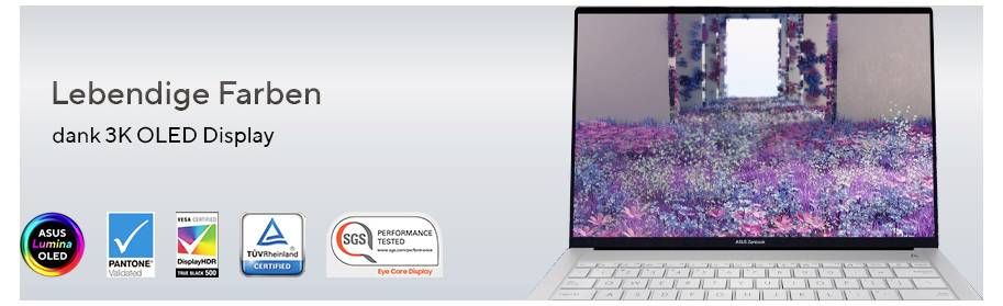 Ein Laptop mit lebendigem 3K OLED-Display zeigt ein buntes, kreatives Bild. Links sind Logos für Auszeichnungen und Zertifizierungen sichtbar.