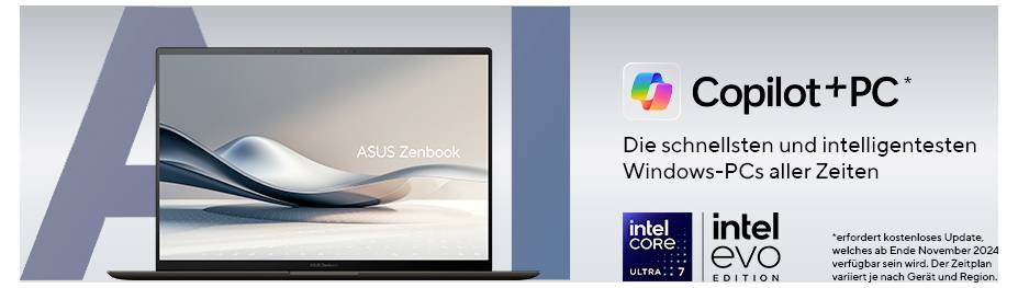 'Copilot+PC: Die schnellsten und intelligentesten Windows-PCs aller Zeiten.' Abbildung eines ASUS Zenbook Laptops mit Werbungstext.