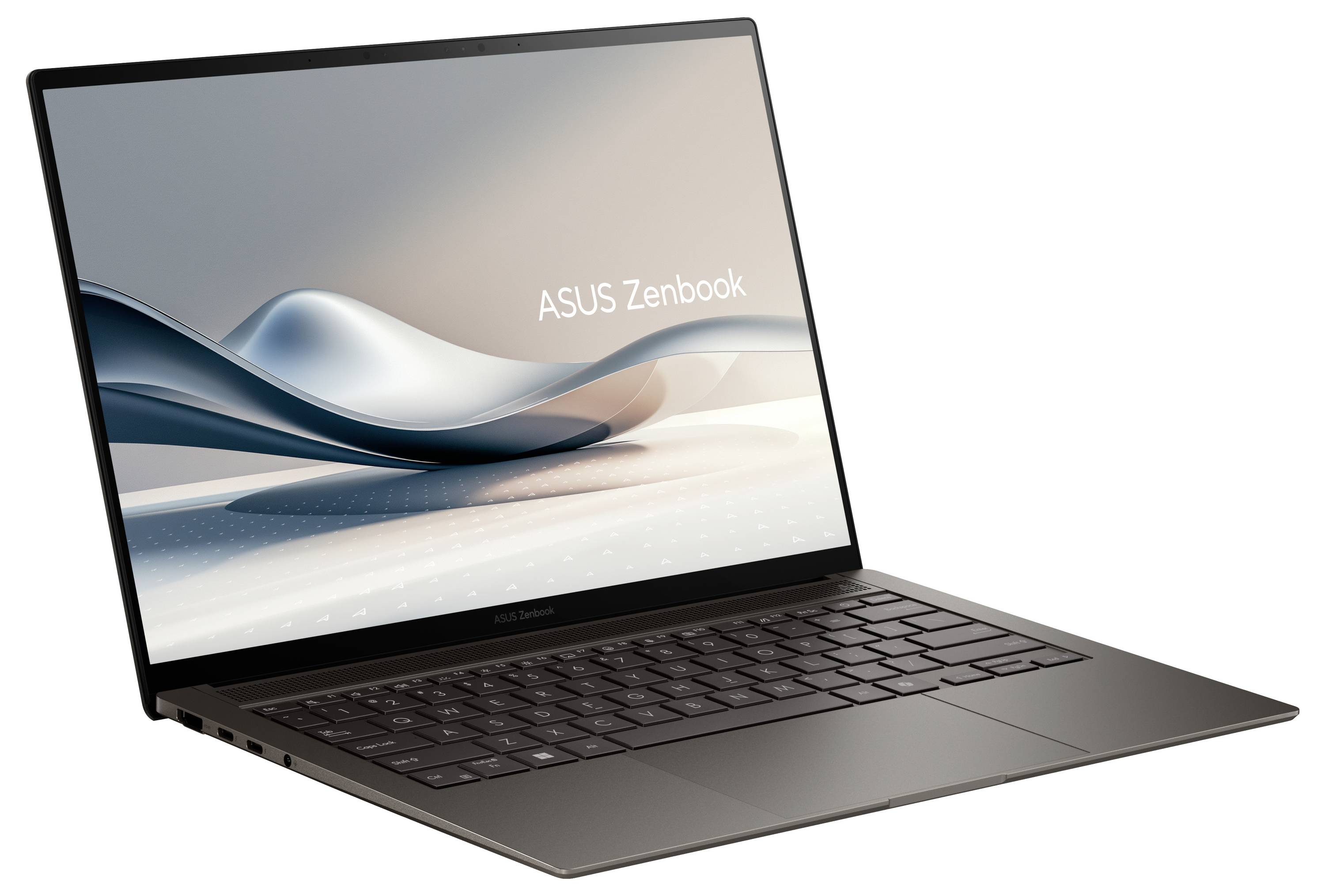 Ein elegantes ASUS Zenbook-Laptop mit einer dunkelgrauen Tastatur und Blende, das einen Bildschirm mit dem Text „ASUS Zenbook