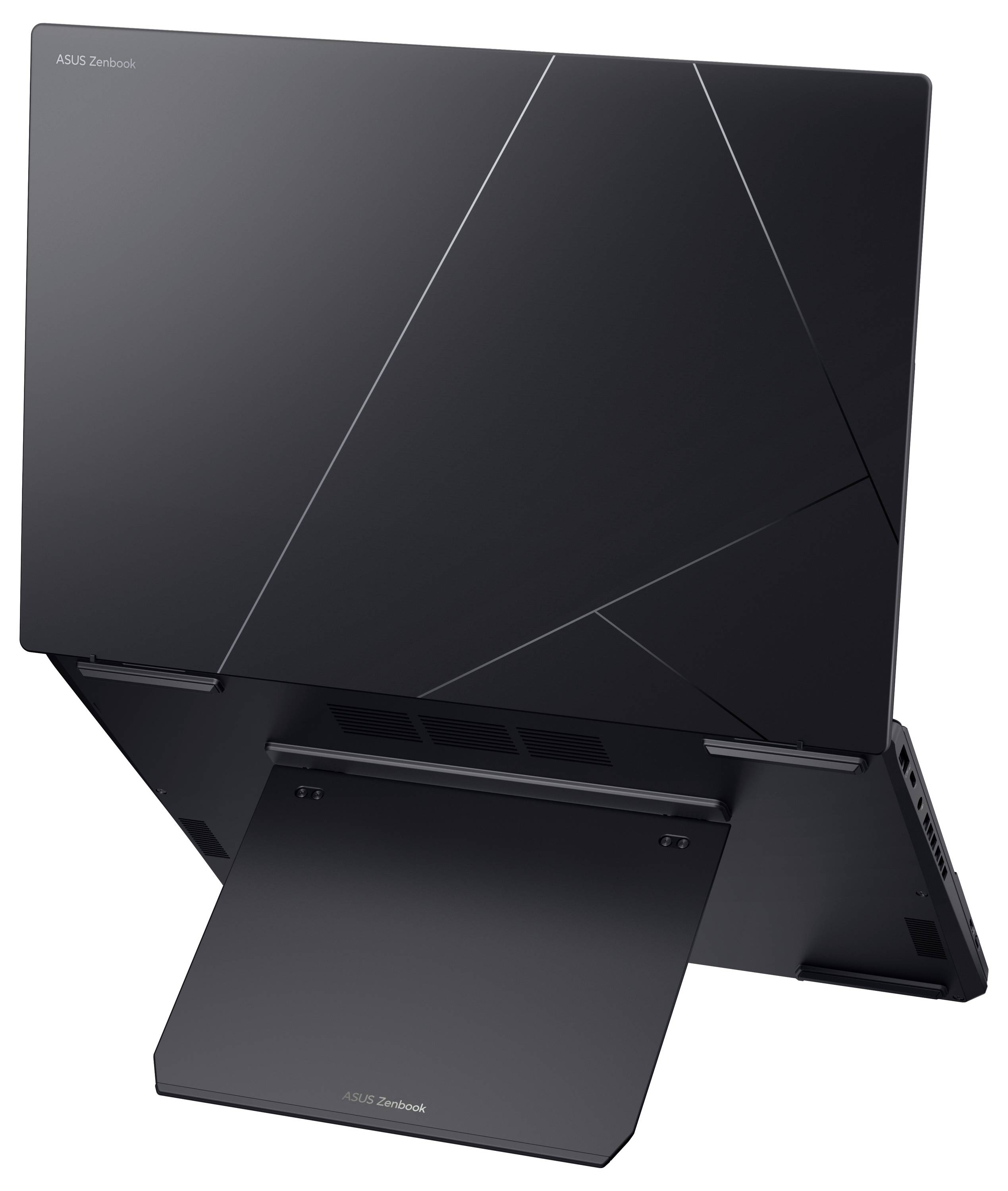 Schlankes schwarzes ASUS Zenbook Laptop von hinten betrachtet, das eckige Linien und ein ergonomisches Ständerfeature zeigt.