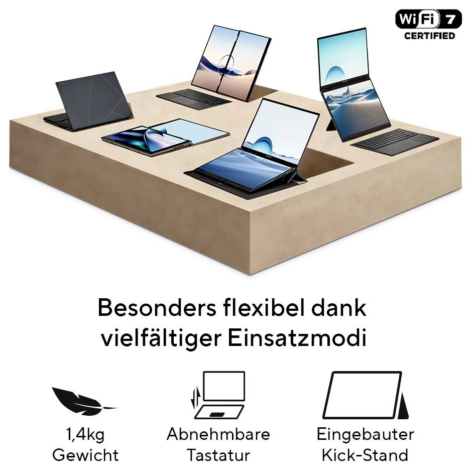 Sechs Laptops in verschiedenen Positionen, darunter abnehmbare Tastatur und Kick-Stand. Text: 'Besonders flexibel dank vielfältiger Einsatzmodi'.